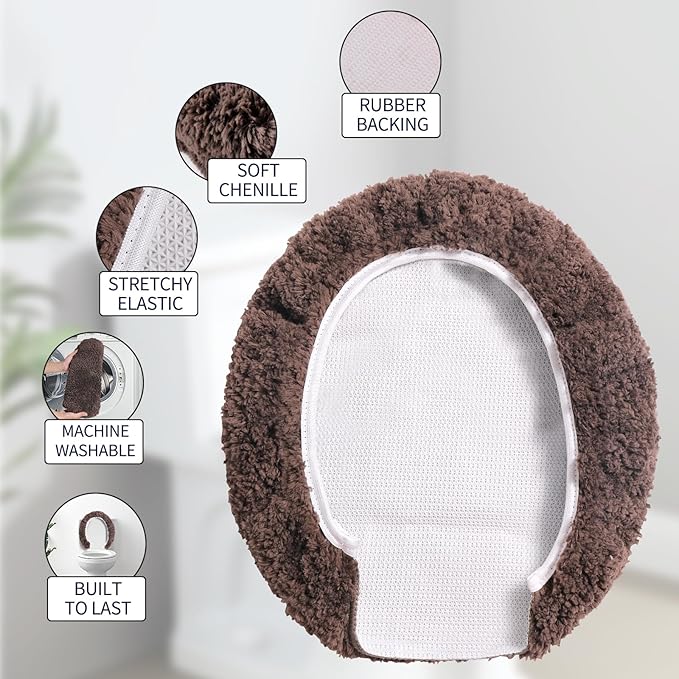 Microfiber Elongated Toilet Seat Cover 19.5"x 15" Machine Washable Solid Toilet Lid Cover Adjustable Rubber Backing Fits Most 18-19.5" L x 14-16" W Elongated Toilet Seat