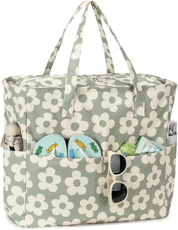 LEDAOU Beach Bag Waterproof Sandproof Women Tote Bag Pool Bag with Zipper for Gym Grocery Travel with Wet Pocket