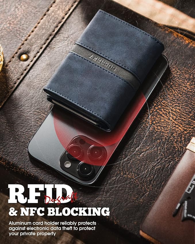 DUGRAFT Card Holder Wallet with ID Window, Leather Mens RFID Blocking Minimalist Pop-Up Wallet Aluminum Metal Credit Card Case with Banknote Compartment