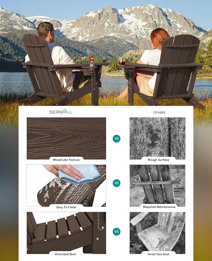 SERWALL Adirondack Chair with Cup Holders - Composite Adirondack Chairs Set of 4 HDPE Outdoor Chairs All Weather Use- Coffee