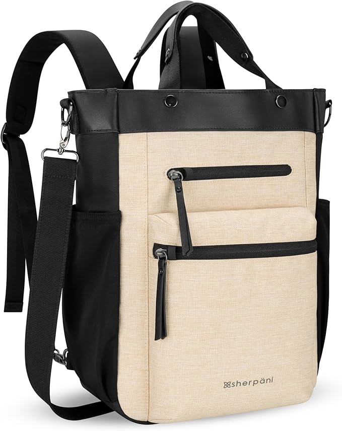Sherpani Soleil, Anti Theft Convertible Backpack, 3 in 1 Tote Bag, Crossbody Bag, Cross Body Purse, 18L Travel Backpack for Women, RFID Protection, Metal Hardware Fits 13" Laptop (Straw Pro)