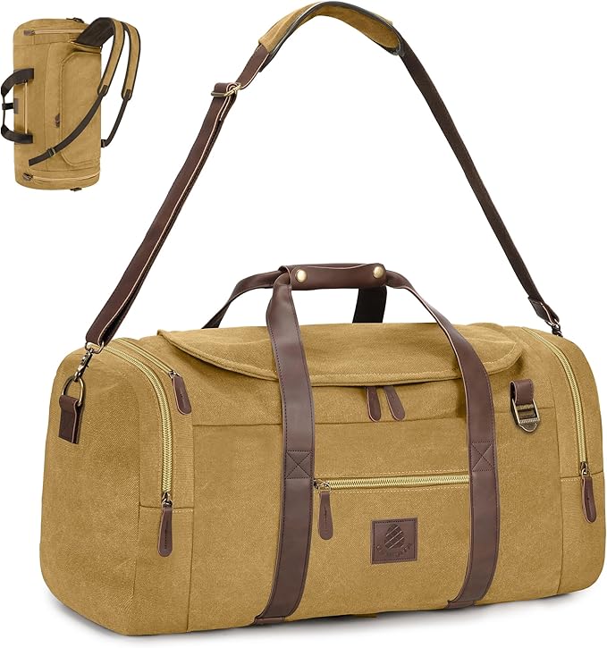 50L Duffle Bag for Men, Nomad Waxed Canvas Travel Duffel Bag Vintage Genuine Leather Travel Handbag Upgraded Weekender Overnight Backpack with Shoes Compartment (Khaki, Large-50L)