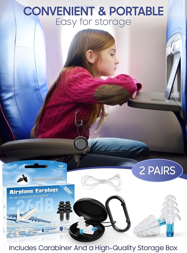 Ear Plugs for Airplane Pressure Relief, 2 Pairs Kids 6+, Adults/Small Canal Reusable Airplane Earplugs 26dB, with Silicone Connector Cord, Travel Essentials for Flying, Ear Protection Earplugs