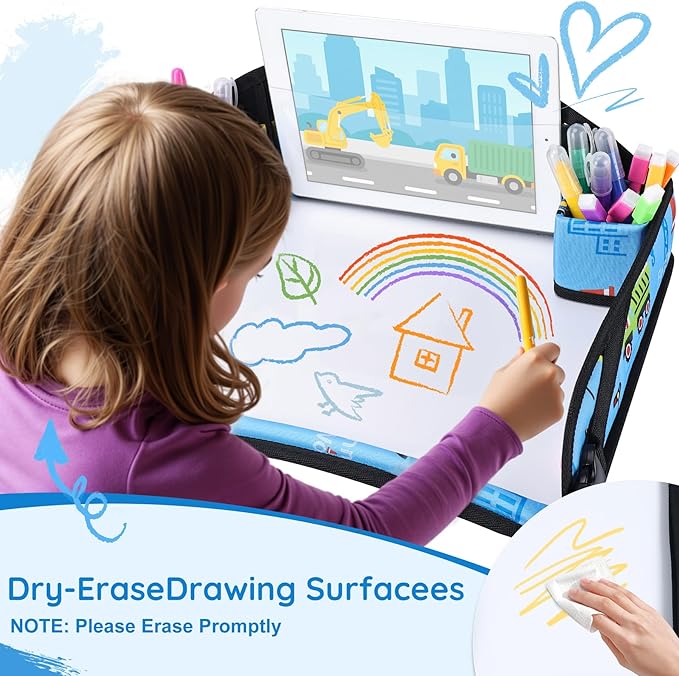Kids Travel Tray, Kids Travel Trays for Car Seat, Road Trip Essentials for Toddler, Carseat Lap Tray with Dry Erase Board & Storage Organizer for Road Trip Activities for Kid, Light Blue