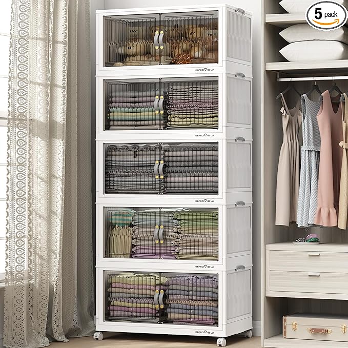 BROVIEW 600Qt Stackable Storage Bins with Lid, Extra Large Closet Organizer Collapsible Drawer Boxes with Wheels, Folding Plastic Cabinet Containers for Home Kitchen Room Organization, 5Pack White