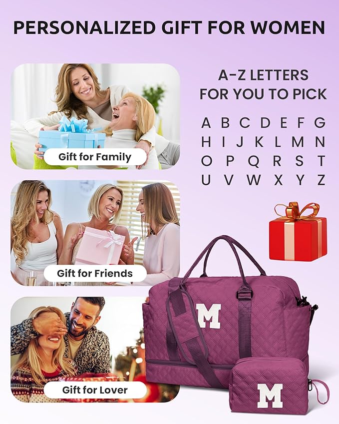 Bride To Be Gifts, Gifts for Women-Initial Travel Bag with Shoe Compartment, Personalized Weekender Bags, Monogram Overnight Bag for Women, Letter Travel Bags with Makeup Pouch (Letter I)
