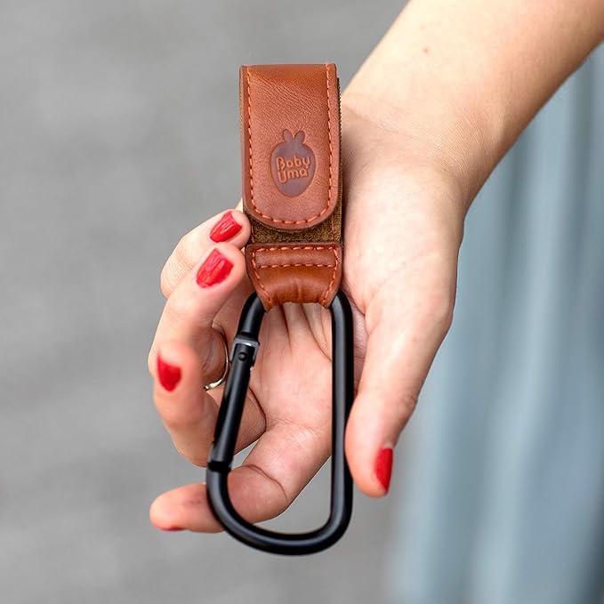 Baby Uma Stroller Hooks for Bags (2 Pack) - Leather-Style Stroller Clips and Hooks, Non-Slip Stroller Accessories, Carry 11 lbs Per Stroller Hook, Universal Baby Essentials & Stroller Accessories