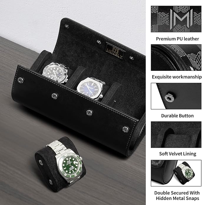 MOZSLY Watch Roll Travel Case 3 Slots Portable Watches Box Organizer Storage Holder Pattern PU Leather