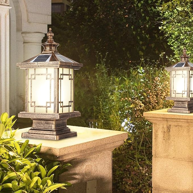 LED Solar Post Light Outdoor, Aluminum Fence Post Cap Lamp Remote Control Dimmable Pillar Lights Solar IP65 Waterproof Column Light, 15.7" X 7.3" Pillar Pedestal Lantern for Garden Yard
