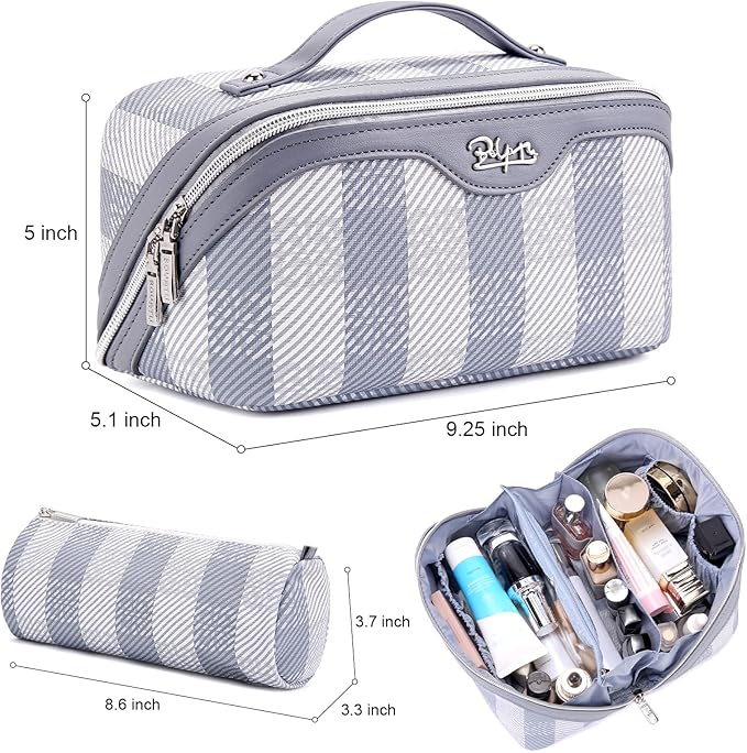 BOYATU Makeup Bag Travel Cosmetic Bag: 3 Pcs Set Portable Make up Bags for Women with Handle - Waterproof Vegan Leather Toiletry Organizer Bags with Comparments (F-05-Blue)