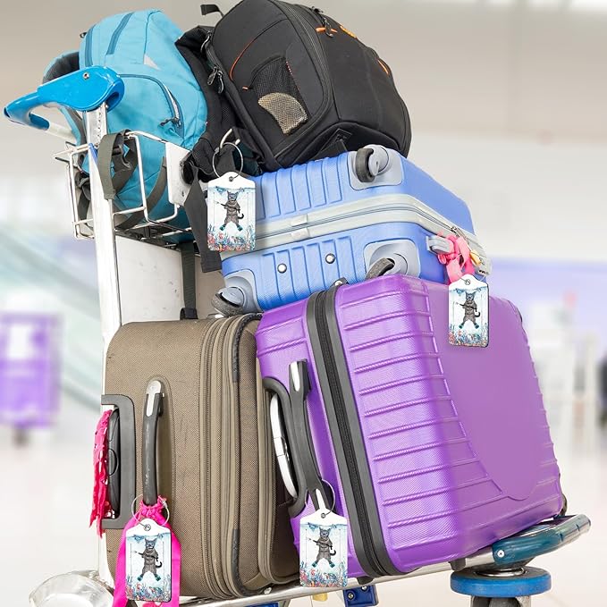 2Pack Luggage Tags for Suitcases, Cute Unique Pu Leather Cruise Luggage Tag with Privacy Cover ID Label Address Card and Metal Ring Suitable for Women Men Kids Travel Bag The Diving Cat