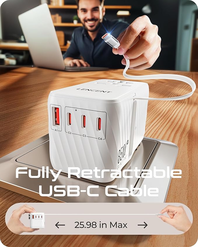 LENCENT 85W Universal Travel Adapter with Retractable USB C Cable, GaN International Plug Adapter with 3 Type C &1 USB A Ports Fast Charging, Worldwide Outlet Converter for US to European EU UK AUS