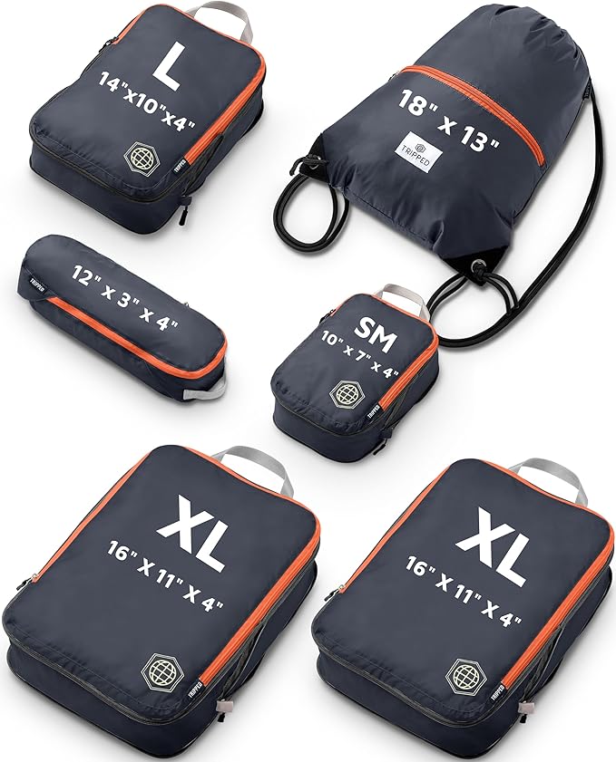 Large Compression Packing Cubes 6 Piece Set for Travel with Lightweight Laundry Bag/Drawstring Backpack for Carry-On Suitcase (Grey/Orange)