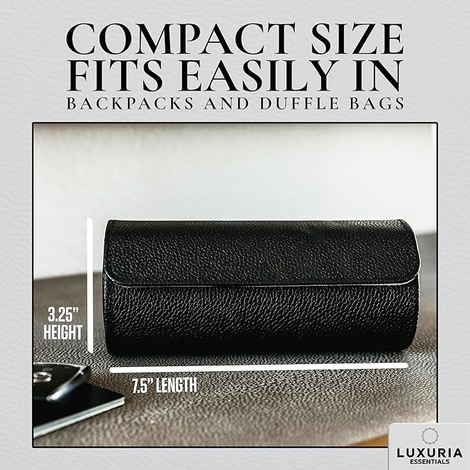 Watch Roll Travel Case for 2 Watches | Hidden Jewelry Storage Compartment, Genuine Leather Watch Roll with Dust Bags & Cleaning Cloth | Fits Men's Wrist Watches & Smartwatches