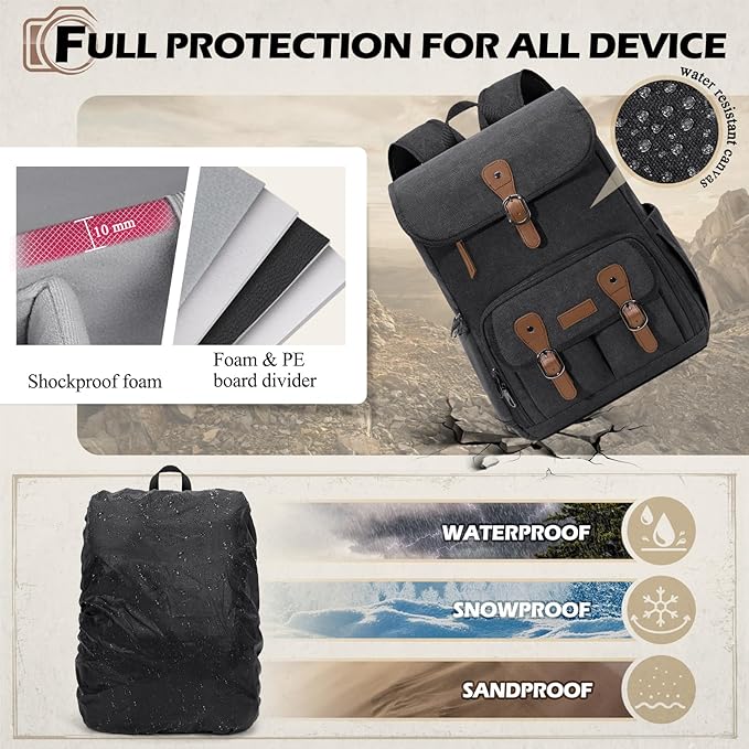 RAINSMORE Camera Bag Backpack for DSLR/SLR Mirrorless 15.6 Inch Laptop Camera Back Pack for Photographers Anti-Theft Photography Bags Case with Tripod Holder & Rain Cover, Black