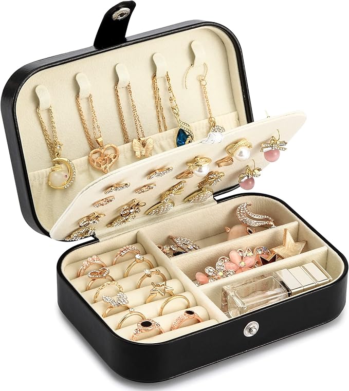 Travel Jewelry Box, PU leather Small Jewelry Organizer For Female Girls, double layer portable mini travel case for storing earrings, rings, necklaces.(Black 2pcs)