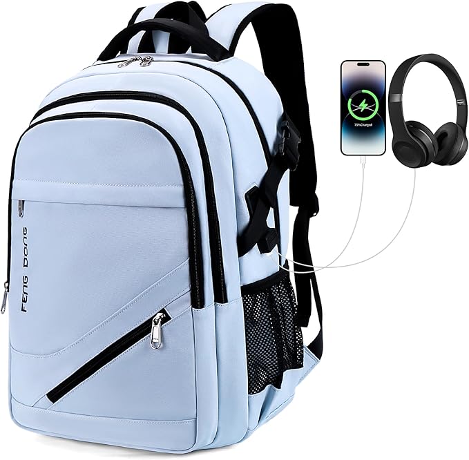 FENGDONG 17.3 inch Large Laptop Backpack Durable Waterproof Travel College Backpack Bookbag for Men & Women Business Backpack with USB Charging Port,Headset Port Light Blue