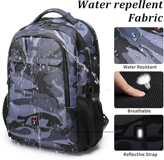 DUSLANG 17 Inch Travel Laptop Backpack Water Resistant Hiking Backpack for Men Laptop Bag with USB Charging Port,Camouflage green