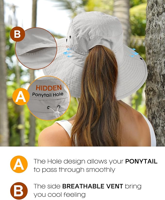 FURTALK Sun Hats for Women with Ponytail Hole Wide Brim Beach Bucket Hat UPF 50+ Fishing Hiking Outdoor Hats