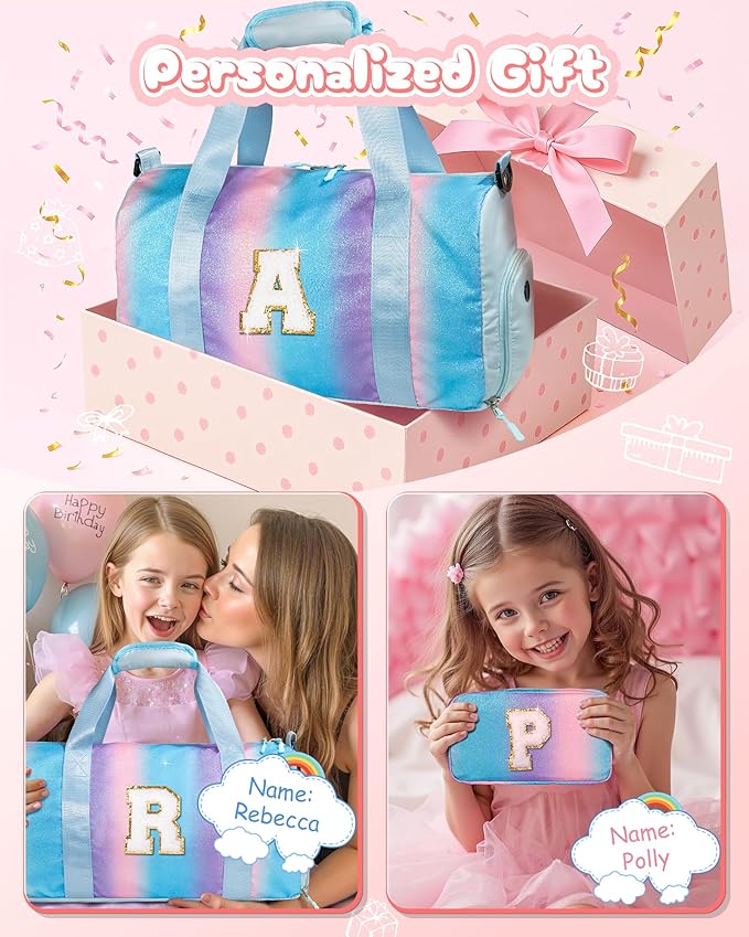 Gifts for Niece-Girl Gym Bag with Shoe Compartment, Kid Personalized Weekender Overnight Bags, Initial Travel Tote with Makeup Pouch, Birthday Gift for Sister Granddaughter (Letter J)