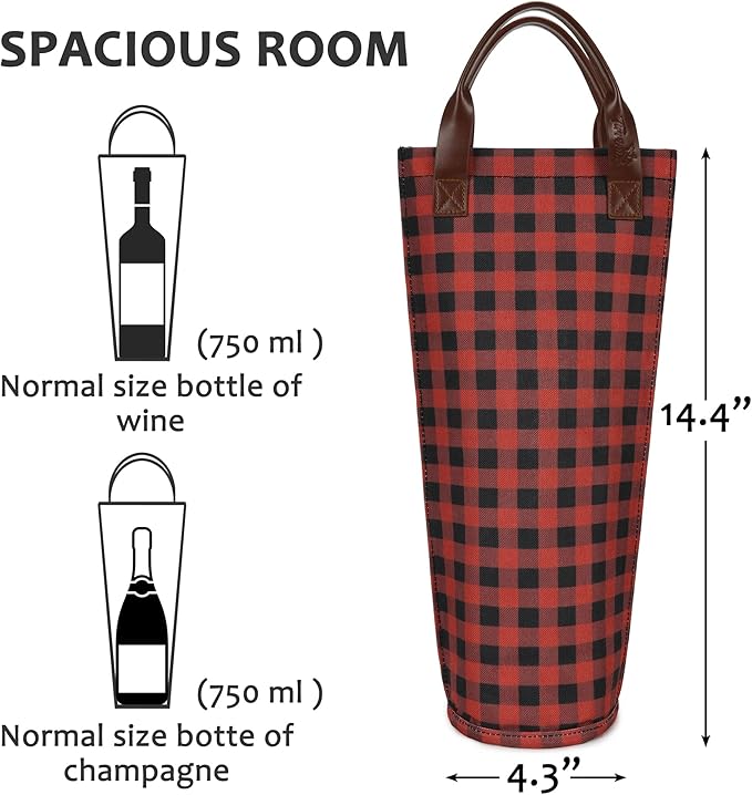 Tirrinia Single Wine Carrier Tote, Insulated Cooler Bag for Travel & Picnic - Padded Bottle Holder, Gift for Wine Lovers, Red Grid