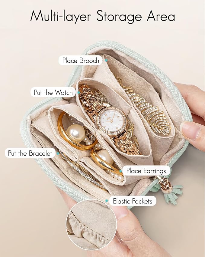 Vlando Small Jewelry Travel Case,Jewelry Pouch Bags with Zipper,Velvet Jewelry Organizer Storage Bag for Bracelet Rings Earring Travel Essentials Gifts for Women Girl-Mint Green