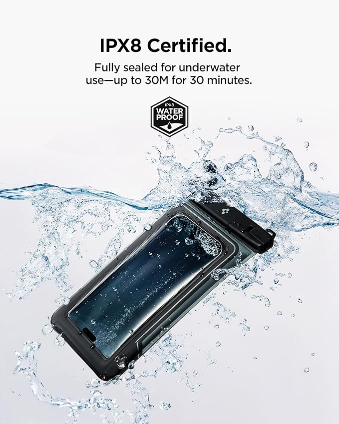Spigen Aqua Shield 2 Pack Floating Waterproof Phone Pouch A611P for All Phones with Detachable Lanyard, Travel Essentials for Outdoors Activities, Kayak/Cruise/Beach - Black