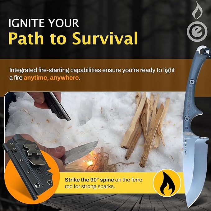 Scout Feather - Fixed Blade Survival Knife with built-in Firestarter for Camping, Hunting, Outdoor Adventure and Culinary Needs - VG10 Blade, Whistle, Knife Sharpener, Compact Sheath & G10 Handle