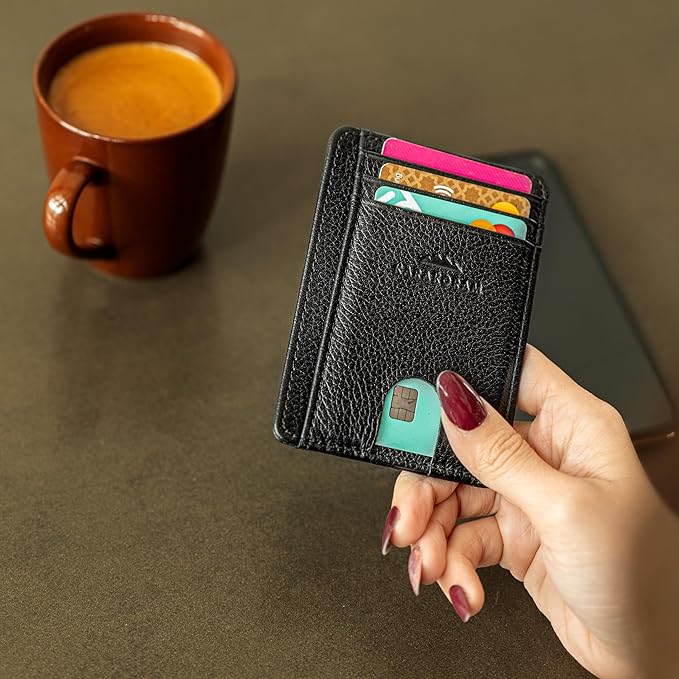 KARAKORAM Vertical Handcrafted Premium Leather Front Pocket Credit Card Holder with RIFD Protection | Artisan Made Slim Leather Wallet | Finger Glide Slots for Cards and ID (Jet Black)