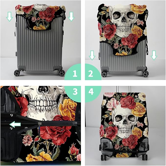 Luggage Cover Plus - Sugar Rose Skull Travel Suitcase Cover for 18-20 inch Luggage (S) with Concealed Zipper, Washable Elastic Cloth, Dustproof, Anti-Scratch