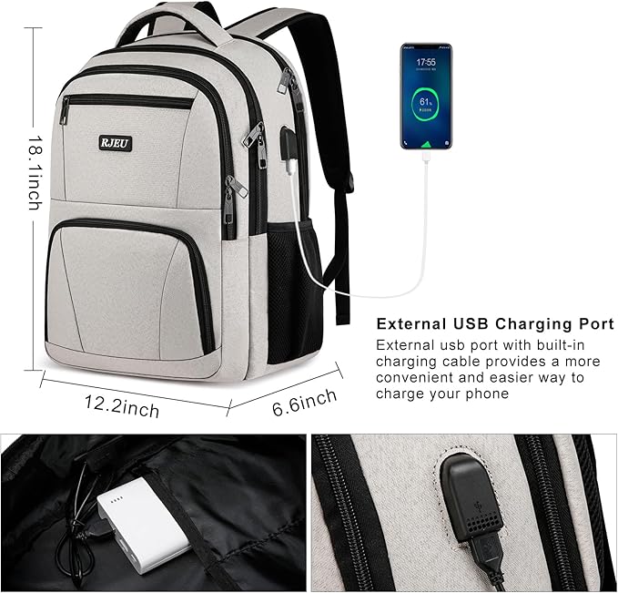 School Backpack for Teens Girls & Women, College Bookbag with 15.6 Inch Laptop Sleeve, 3 Compartments School Backpack, Ergonomic Straps - Beige