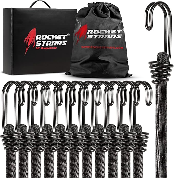 Ultimate Outdoor Bungee Cord Assortment - Heavy Duty Set of 12 Bungee Cords Double-J Hooks - Elastic Straps for Camping, Securing, and DIY (12pc - 32" Double J Hooks)