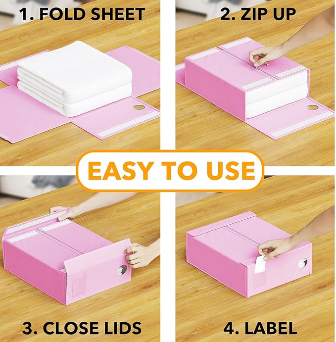 SpaceAid 8 Pack Bed Sheet Organizers and Storage, Foldable Organizer for Linen Closet, Set Folder Keeper with Window XL (Queen & King Size) Bedding Container (Pink, 8 Pack)