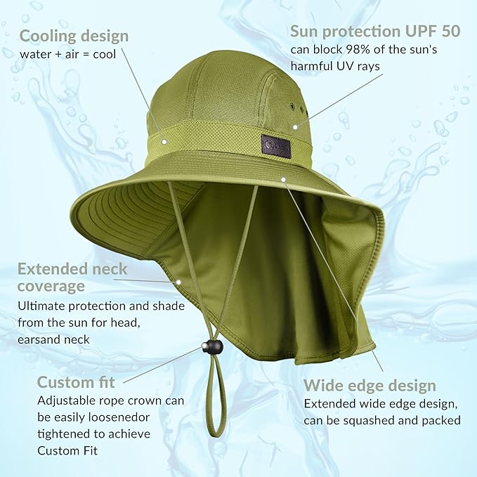 Sukeen Cooling Sun Hat for Men Women UPF50+ Wide Brim Fishing Hat with Neck Flap Adjustable Foldable Bucket Hat for Hiking