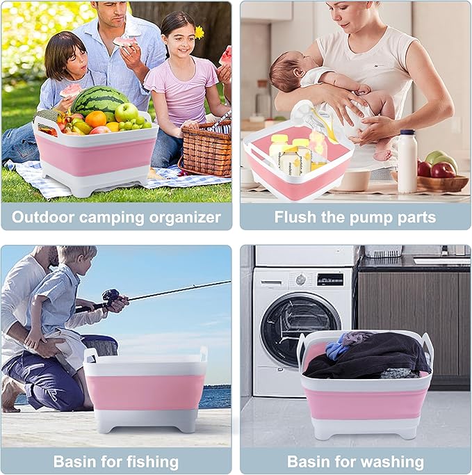 2.4 Gal(9L) Collapsible Dish Basin with Drain Plug - Multiuse Foldable Wash Basin for Baby Bottles, Space-Saving Multiuse Dish Tub, Kitchen Sink for Camping, Dishes Washing, RV (Pink)