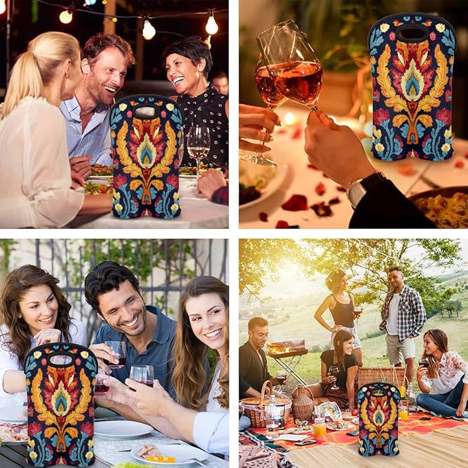 Neoprene Wine Tote, Bottle Carrier Gag Insulating Neoprene Thicker, Insulated Wine Bag for Travel Holds Two Bottles, Bottle Carrier Bags Protect the Bottles, Colorful Totem