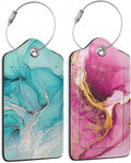 Set of 2 Pink Gold Abstract Marble Luggage Tags for Suitcases, Blue Gold Abstract Marble Leather Suitcase Tag Name Identifiers Labels for Travel Bag Baggage Backpack
