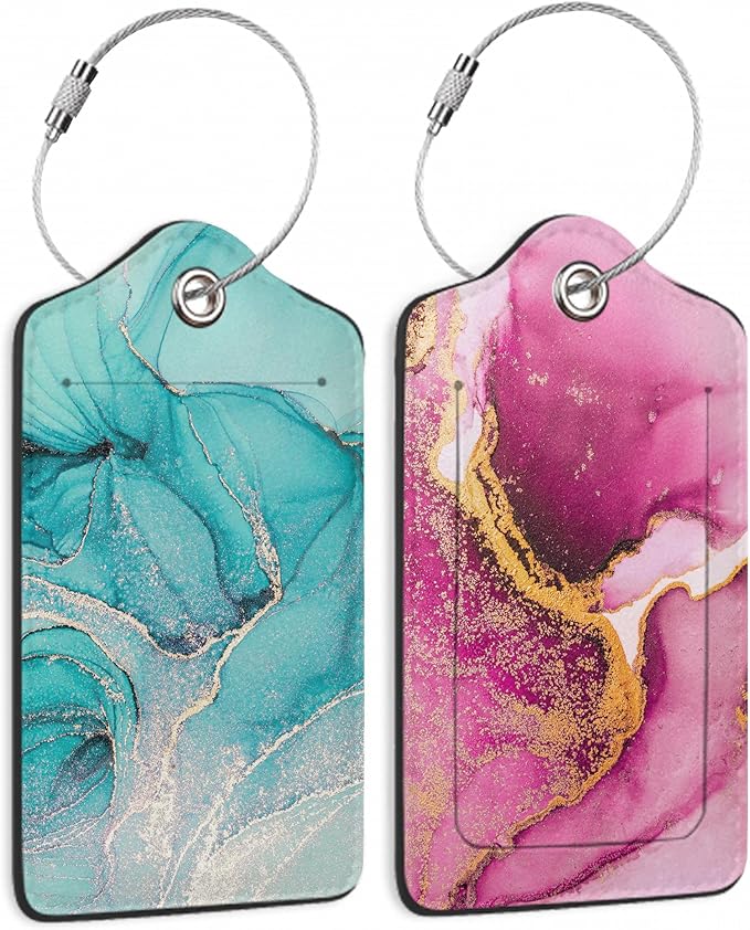 Set of 2 Pink Gold Abstract Marble Luggage Tags for Suitcases, Blue Gold Abstract Marble Leather Suitcase Tag Name Identifiers Labels for Travel Bag Baggage Backpack