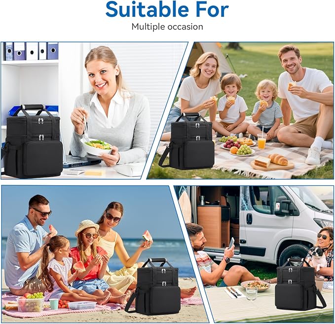 Lunch Box for Men Women, Large Expandable Insulated Lunch Bag, Double Deck Leakproof Cooler Bag for Adults Work Office Outdoor Beach Trips, Black 16L