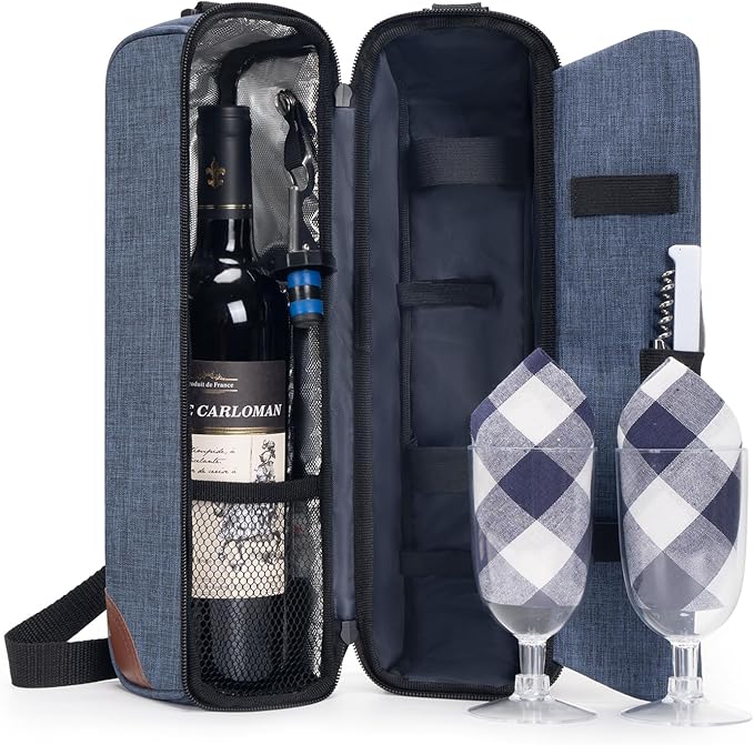 ALLCAMP Wine Tote Bag with Cooler Compartment，Picnic Set Carrying Two Sets of Tableware（Blue）
