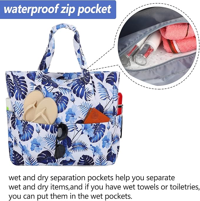 LEDAOU Large Beach Tote Bag Women Waterproof Sandproof Zipper Beach Tote Bag for Pool Gym Grocery Travel with Wet Pocket