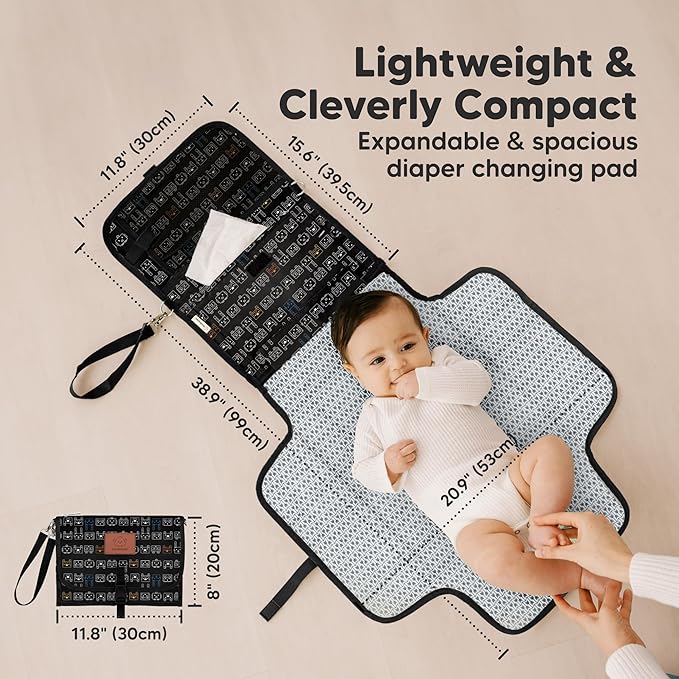 KeaBabies Portable Diaper Changing Pad - Large Waterproof Baby Changing Mat, Compact Travel Diaper Clutch, Functional Pockets Fit Newborn Essentials, Wipeable & Padded Baby Changer (Pixel)