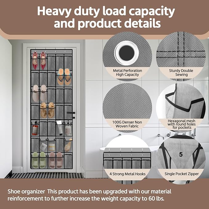 35 Pocket Over the Door Shoe Organizer,Reusable Breathable Large Mesh Bag Men's & Women's Sneaker Organizer,Shoe Organizer for Kids,Hanging Shoe Storage Hanging Bag (Gray)