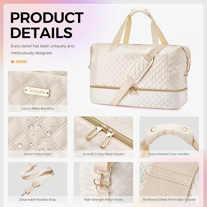 Gloppie Weekender Bags for Women with Shoe Compartment, 39L Large Travel Duffel Bag, Carry On Overnight Gym Bags with Wet Pocket, Hospital Bag for Women Labor Delivery, 2 Pcs Set, Beige
