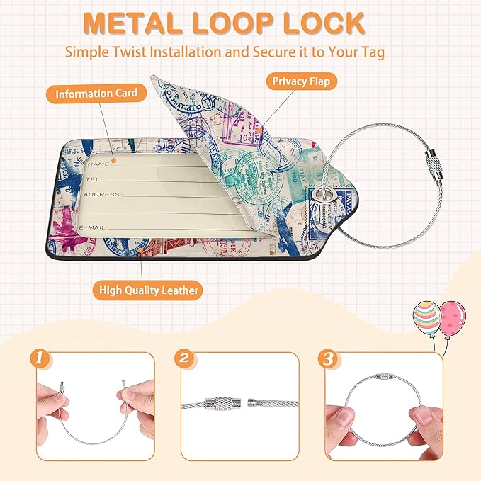 Retro Wanderlust Stamps 3 PCS PU Leather Luggage Tags for Suitcase, Luggage Tag with Privacy Flap, Name ID Label and Metal Loop for Women Men Baggage Handbag School Bag Backpack