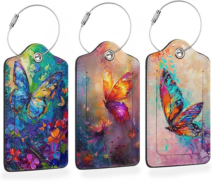 Abstract Colorful Butterfly 3 PCS PU Leather Luggage Tags for Suitcase, Luggage Tag with Privacy Flap, Name ID Label and Metal Loop for Women Men Baggage Handbag School Bag Backpack