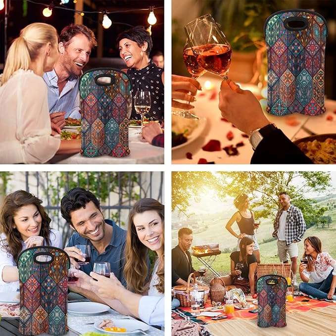 Square Mandala 2 Bottle Wine Carrier Tote Bag Insulated Wine Bottles Neoprene Bag with Secure Carry Handle Portable Wine Cooler Bag for Travel Picnic Beach