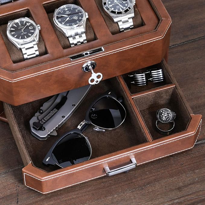 ROTHWELL 6 Slot Leather Watch Box with Valet Drawer - Luxury Case Display Organizer, Microsuede Liner, Locking Mens Jewelry Watches Holder, Men's Watch Storage Large Glass Top (Tan/Brown)