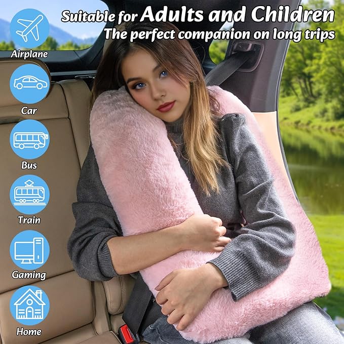 Travel Pillow, Car Pillow for Kids & Adults - Ergonomic Travel Pillows Sleeping Aid for Neck & Body Support, Car Travel Essentials Pillow on Road Trips-Pink