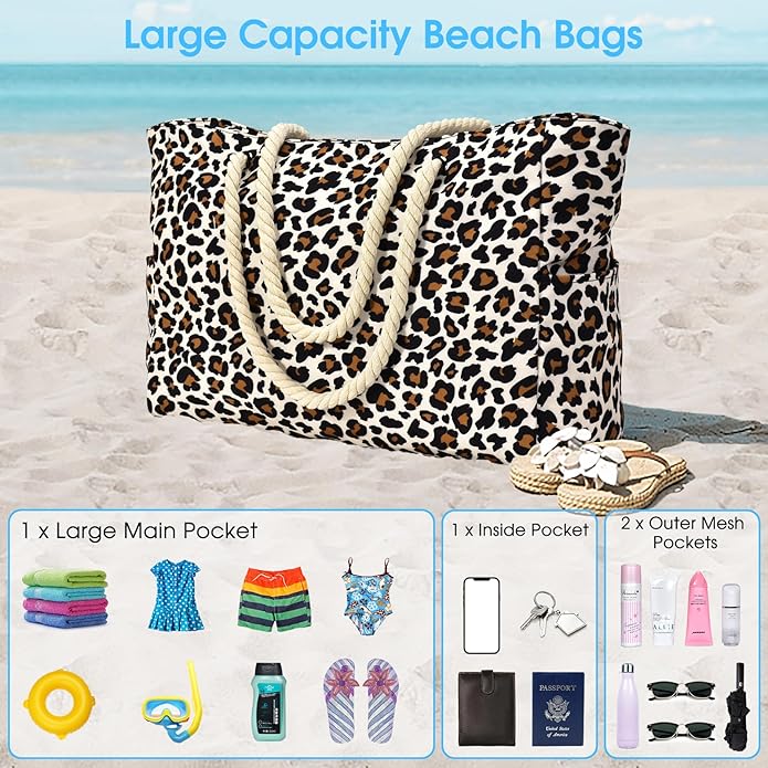 Becokan Beach Bag Large Beach Tote Bag for Women Waterproof Sandproof Swim Pool Bag With Zipper